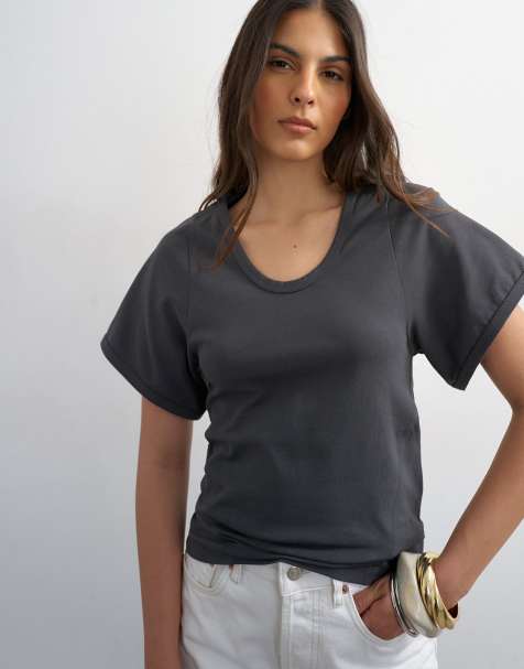Topshop – Geformtes T-Shirt in Schiefergrau mit U-Ausschnitt - view 1
