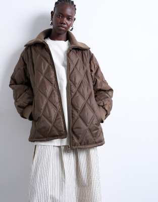 Topshop - Gefütterte Jacke in Schokobraun mit breitem, geripptem Kragen-Brown