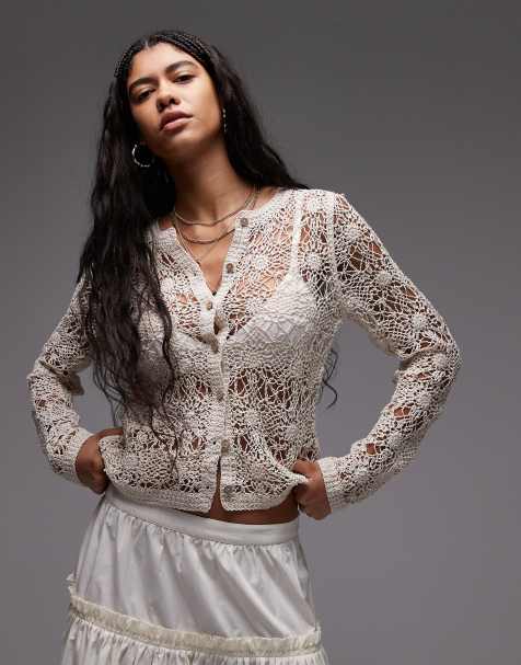 Topshop - Gehaakt vest met bloemenpatroon en ronde hals in naturel - view 1
