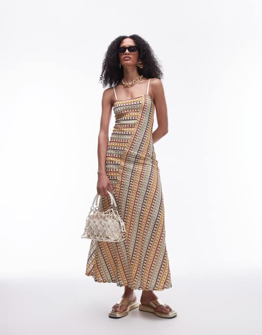 Topshop - Gehaakte midi jurk met vierkante hals en bandjes in multi