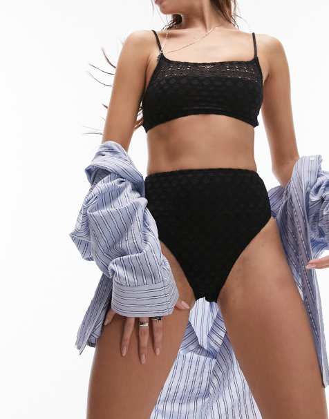 Topshop – Gehäkelte Bikinihose in Schwarz mit hohem Bund und hohem Beinausschnitt - view 1