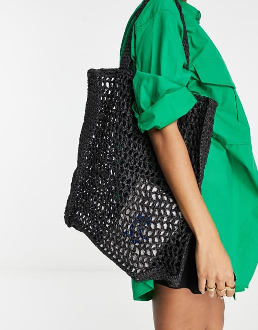 Topshop – Gehäkelte Tragetasche in Schwarz