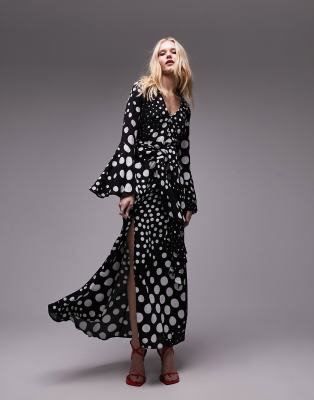 Topshop - Geknöpftes Midikleid mit Polka-Dots, V-Ausschnitt und Bindedetail vorne-Bunt