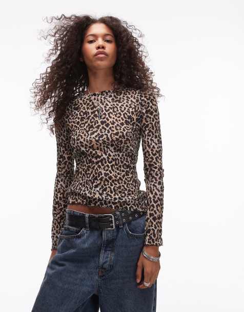 Topshop - Gekreukte top met lange mouwen en luipaardprint in bruin - view 1