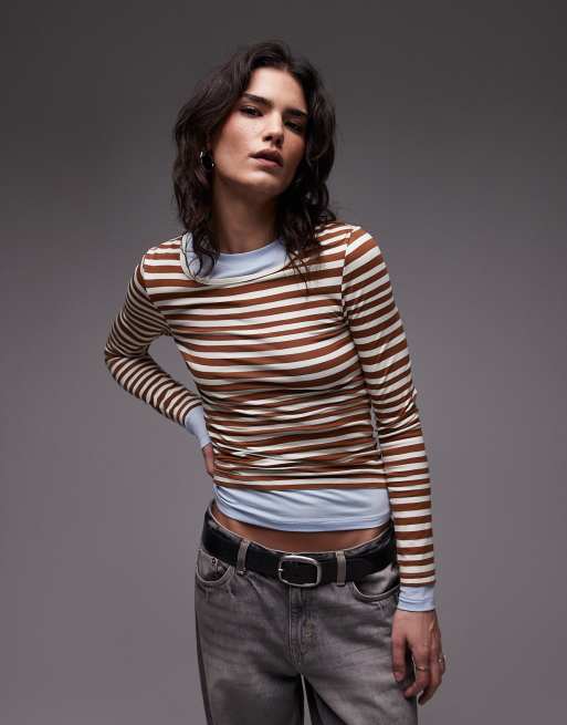 Topshop - Gelaagde jersey top met bruine strepen