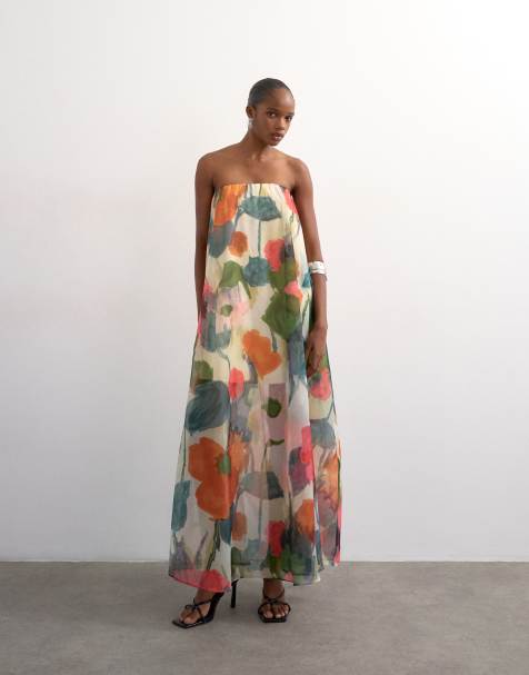 Topshop - Gelaagde maxi bandeau-jurk van organza met vervaagde bloemenprint - view 1