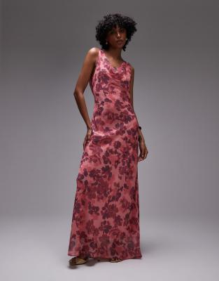 Topshop - Gelaagde maxi-jurk met gedrapeerde halslijn en bloemenprint in roze - view 1