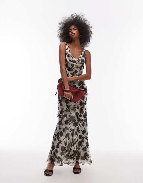 Topshop - Gelaagde maxi jurk met gedrapeerde halslijn en bloemenprint in zwart-wit - view 1