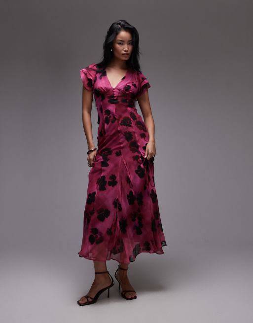 Topshop - Gelegenheidskleding - Maxi-jurk met bandjes op de rug en bloemenprint in roze