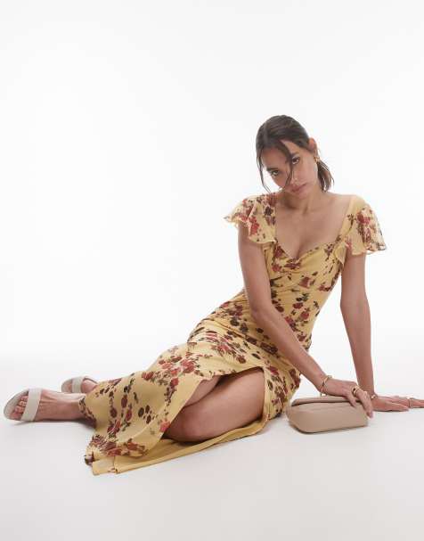 Topshop - Gelegenheidskleding - Maxi jurk met fladdermouwen in geel met bloemenprint - view 1