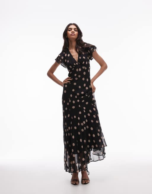 Topshop - Gelegenheidskleding - Maxi jurk met veters aan de achterkant en beigeroze stippen