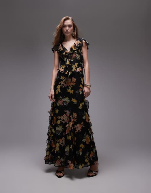 Topshop - Gelegenheidskleding - Midi jurk met fladdermouwen, ruches en bloemenprint in zwart