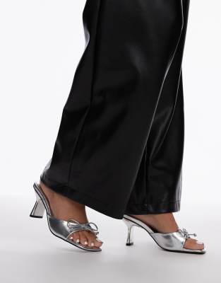 Topshop Topshop Gem heeled mules with bow in silver