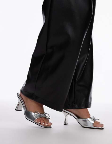 Topshop Gem heeled mules with bow in silver - view 1