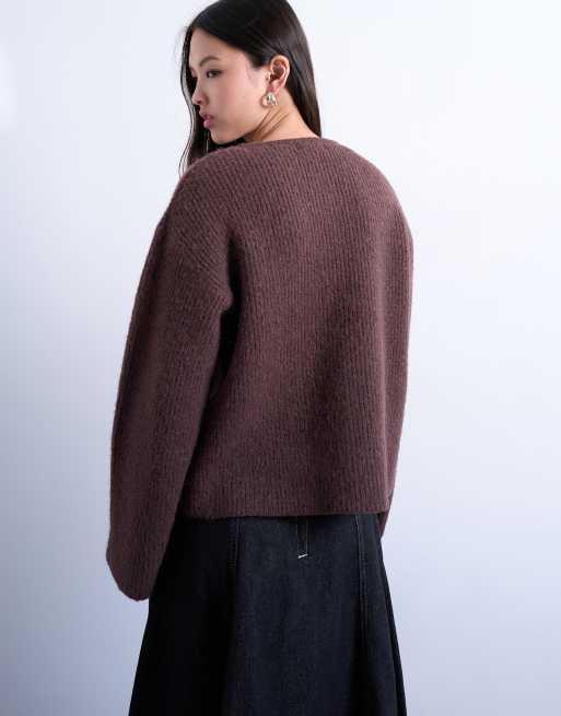 Topshop - Gemakkelijk gebreid, geribbeld ruimvallend vest in donkerbruin, 4 van 4