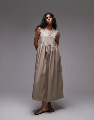 Topshop - Gemakkelijke midi jurk van zware popeline met verlaagde zoom in taupe - view 1