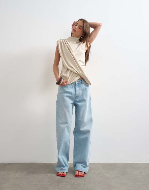 Topshop - Gemêleerde tuniektop met gedrapeerde voorkant in lichtbeige, 2 van 4