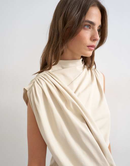 Topshop - Gemêleerde tuniektop met gedrapeerde voorkant in lichtbeige, 3 van 4