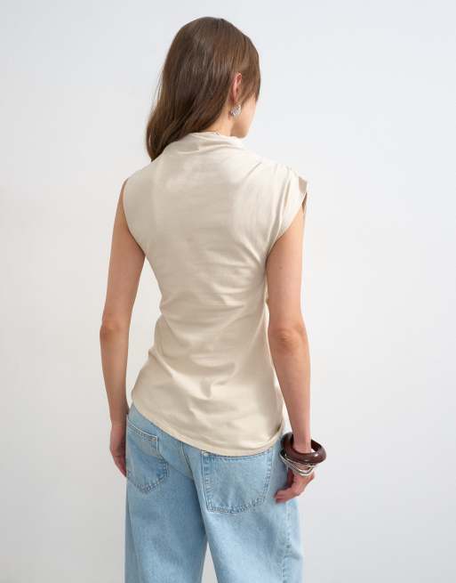 Topshop - Gemêleerde tuniektop met gedrapeerde voorkant in lichtbeige, 4 van 4