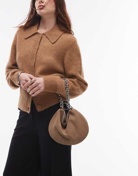 Topshop Gemima chain handle suede clutch bag in mink - view 1