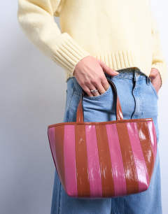 Gemma medium stripe faux leather grab bag in pink and brown