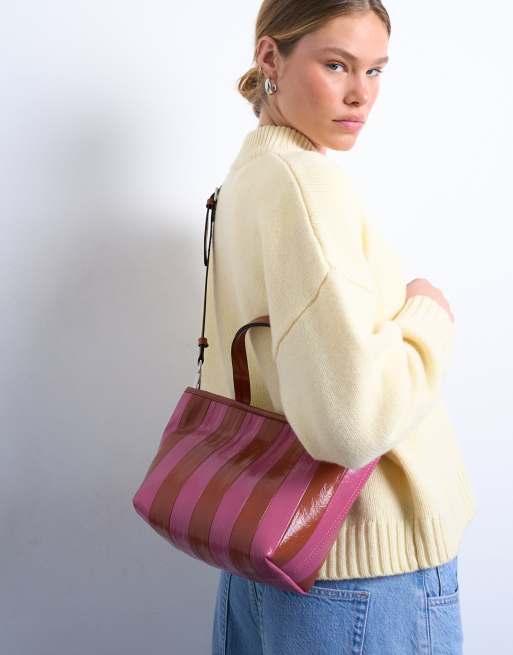 Topshop Gemma medium stripe faux leather grab bag in pink and brown, 3 of 4
