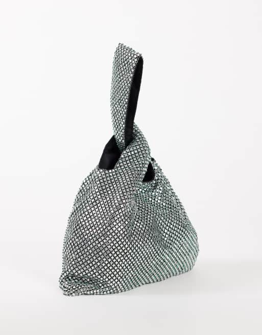 Topshop Gemma small diamante grab bag in silver with dark green stones, 3 of 4