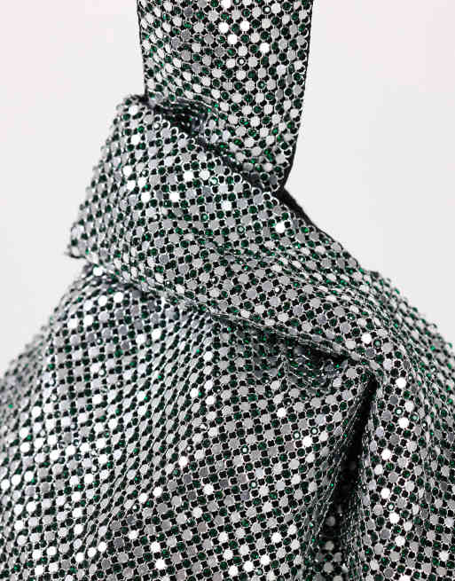 Topshop Gemma small diamante grab bag in silver with dark green stones, 4 of 4