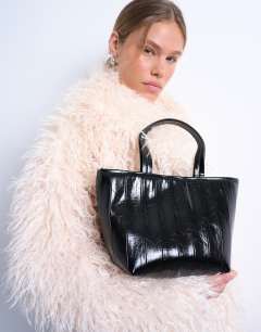 Gemma stripe faux leather grab bag in black