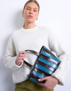 Gemma stripe faux leather grab bag in blue and brown