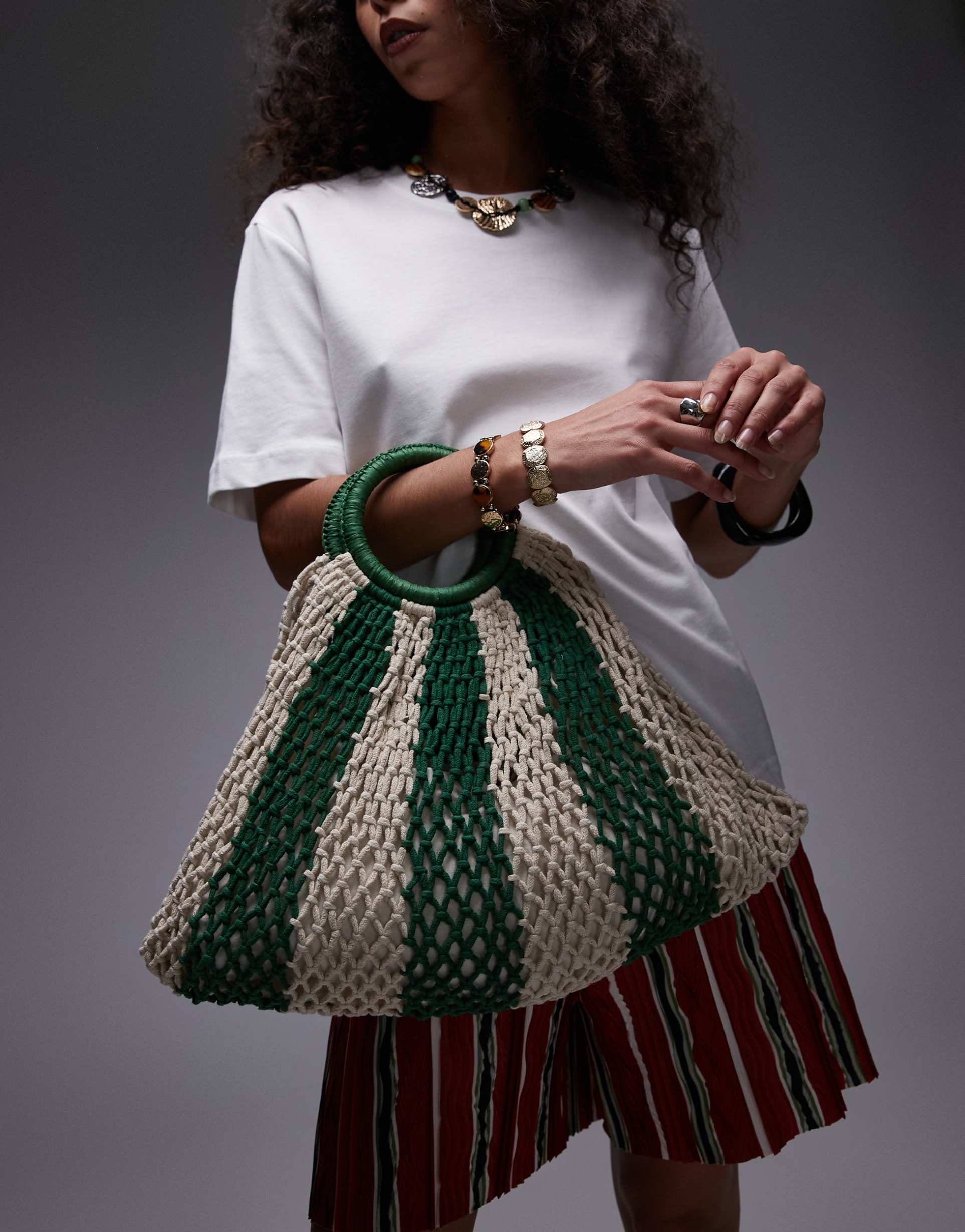 topshop gemma striped crochet grab bag in green stripe