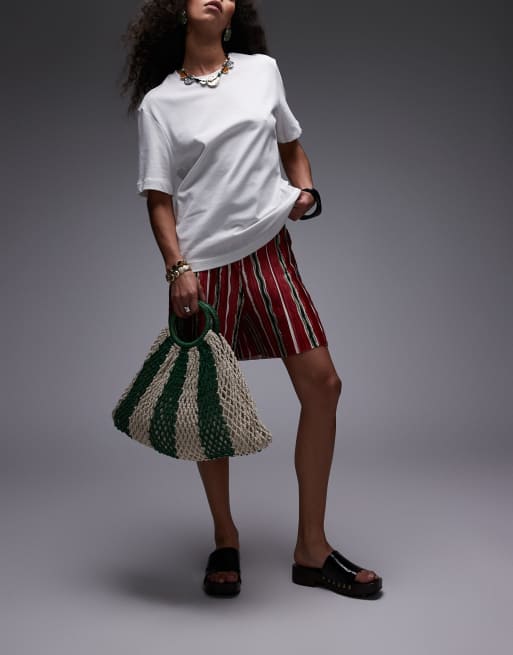 Topshop Gemma striped crochet grab bag in green stripe