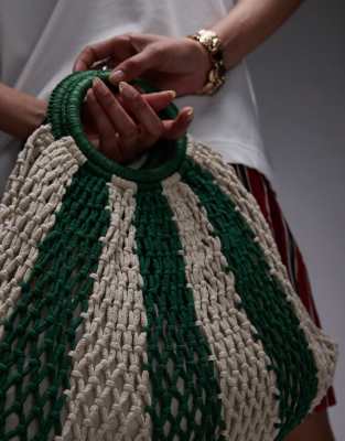 Topshop Gemma striped crochet grab bag in green stripe