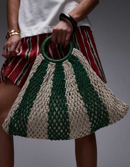 Topshop Gemma striped crochet grab bag in green stripe