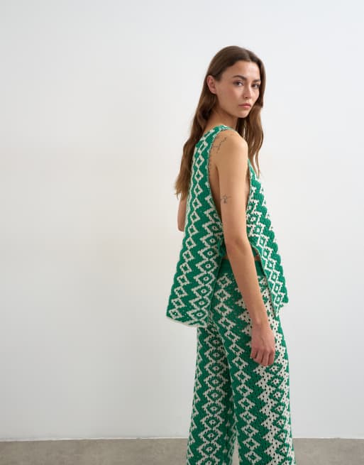 Topshop – Gemusterte Hemdbluse aus Häkelstrick in Grün und Weiß, Kombiteil, 4 von 4