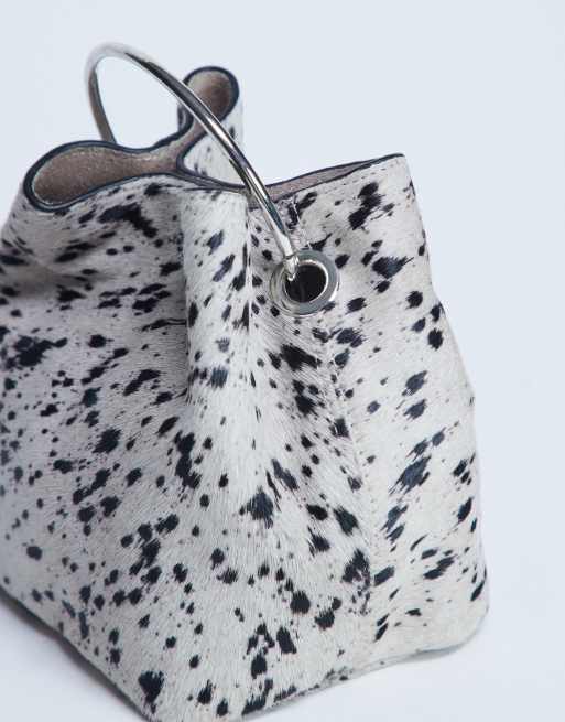 Topshop Gene real leather grab bag with metal handle in cow dalmatian, 2 of 4