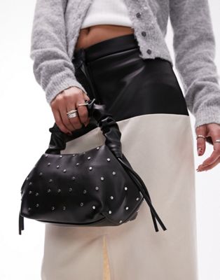 Topshop Genna studded grab bag with ruched handle in black