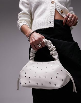 Topshop Genna studded grab bag with ruched handle in off white