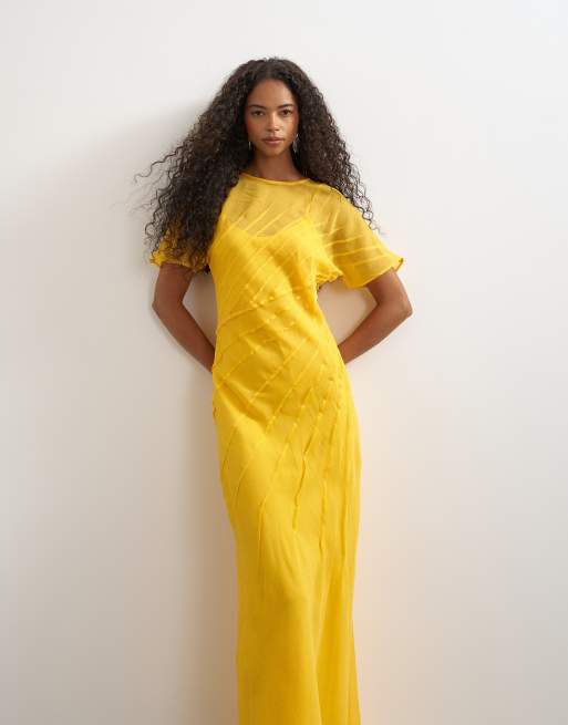 Topshop gennemsigtig chiffon maxikjole med pintuck-detaljer i Marigold, 2 af 4