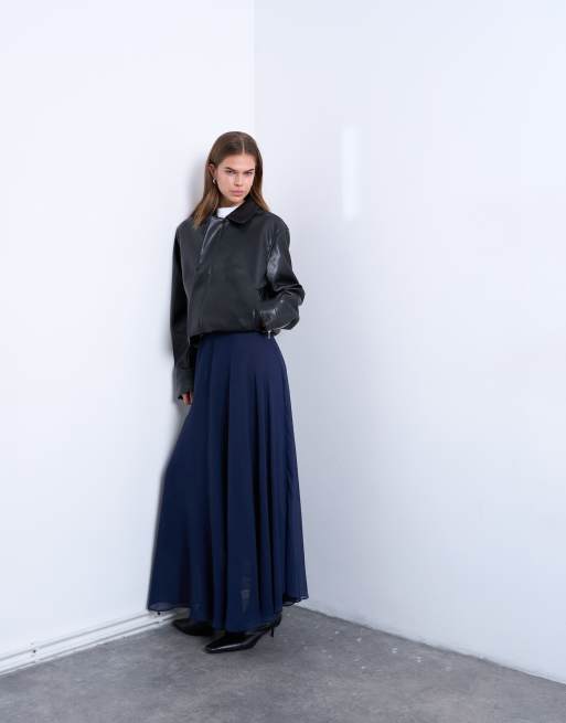 Topshop - Gennemsigtig marineblå maxinederdel i chiffon med cirkelsnit, 3 af 5