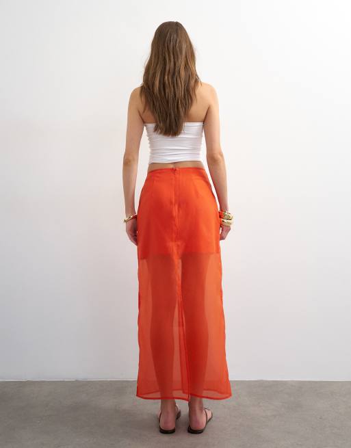 Topshop - Gennemsigtig orange maxinederdel i organza, 3 af 5