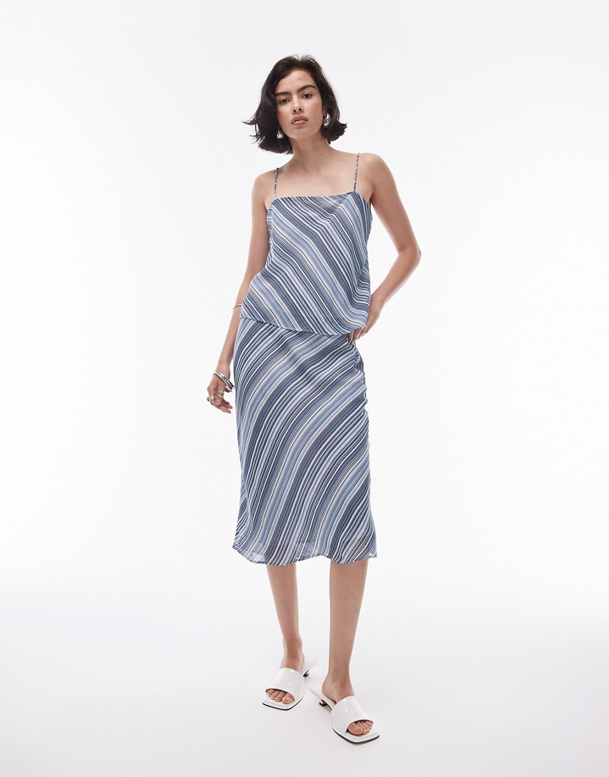 Topshop georgette 90s length skirt in blue diagonal stripe co-ord