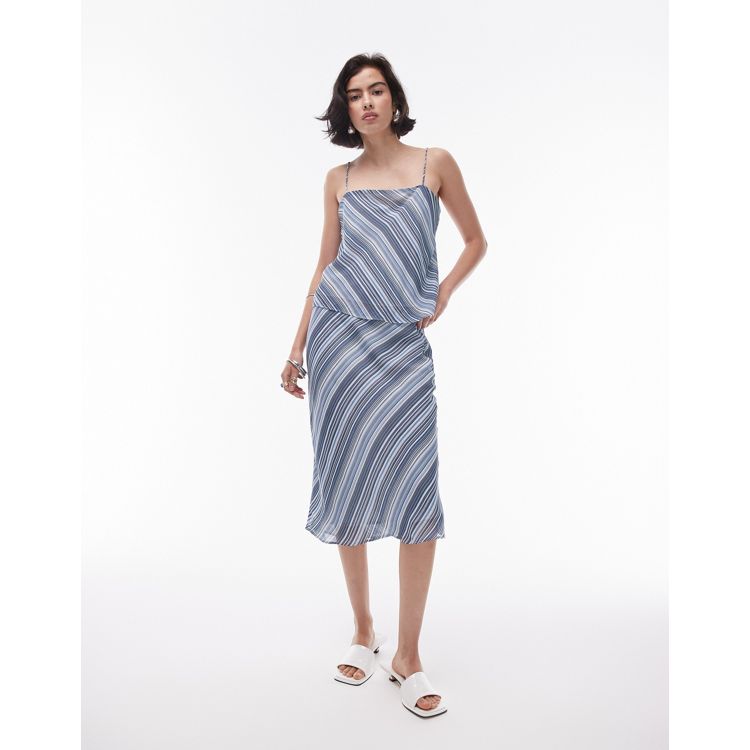 Topshop georgette 90s length skirt in blue diagonal stripe co-ord