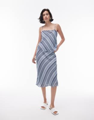 Topshop Georgette 90s Length Skirt In Blue Diagonal Stripe - Part Of A Set