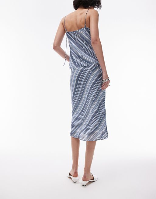 Topshop georgette 90s length skirt in blue diagonal stripe - part of a set