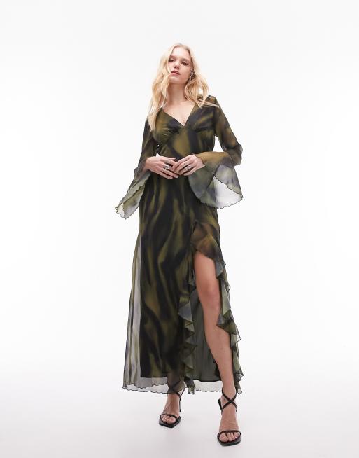 Topshop - Georgette - Midi-jurk met ruches en bloemen in multi, 4 van 4