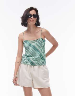 Topshop Georgette Square Neck Cami In Green Diagonal Stripe - Part Of A Set