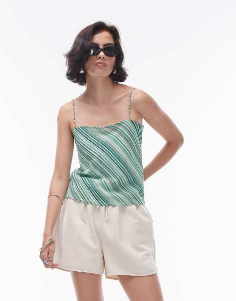 Topshop georgette square neck cami in green diagonal stripe (part of a set) - view 1