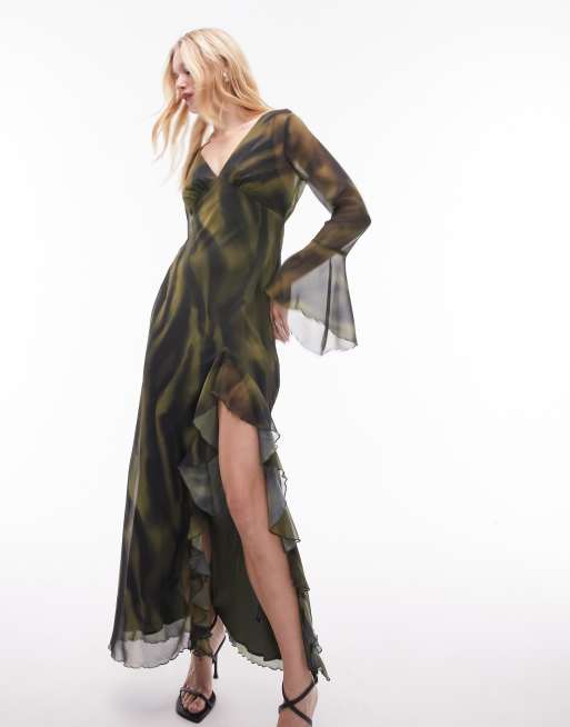 Topshop - Georgette - Vestito midi multicolore con stampa a fiori e volant