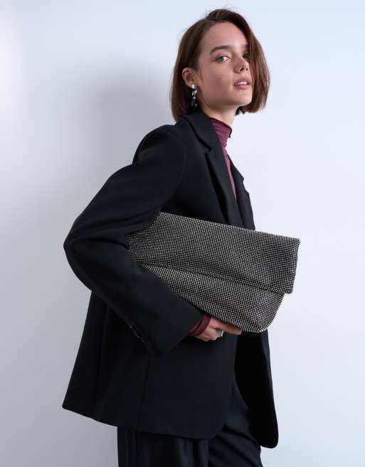 Topshop - Georgia - Borsa a mano nera grande con dettaglio risvoltato e strass